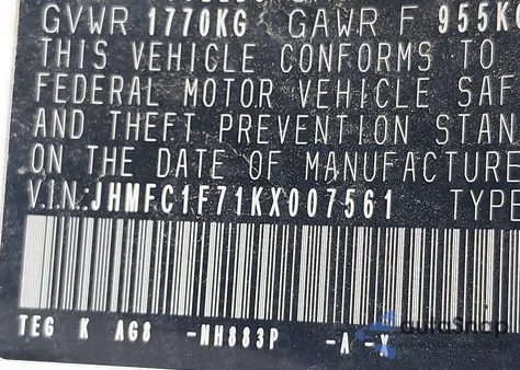 2019 Honda Civic Ex-L из США, поврежденный, VIN JHMFC1F71KX007561